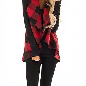 Buffalo Plaid Vest Lapel Open Front Sleeveless Cardigan Jacket with Pockets